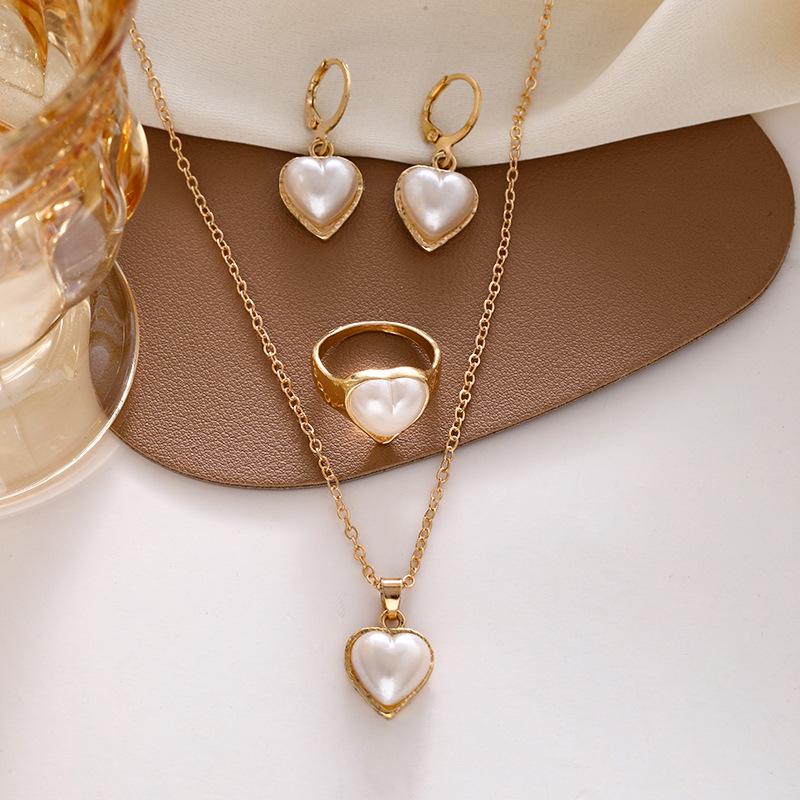 Elegant Pearl Heart Necklace, Earrings, and Ring Set – French-Inspired Jewelry Trio