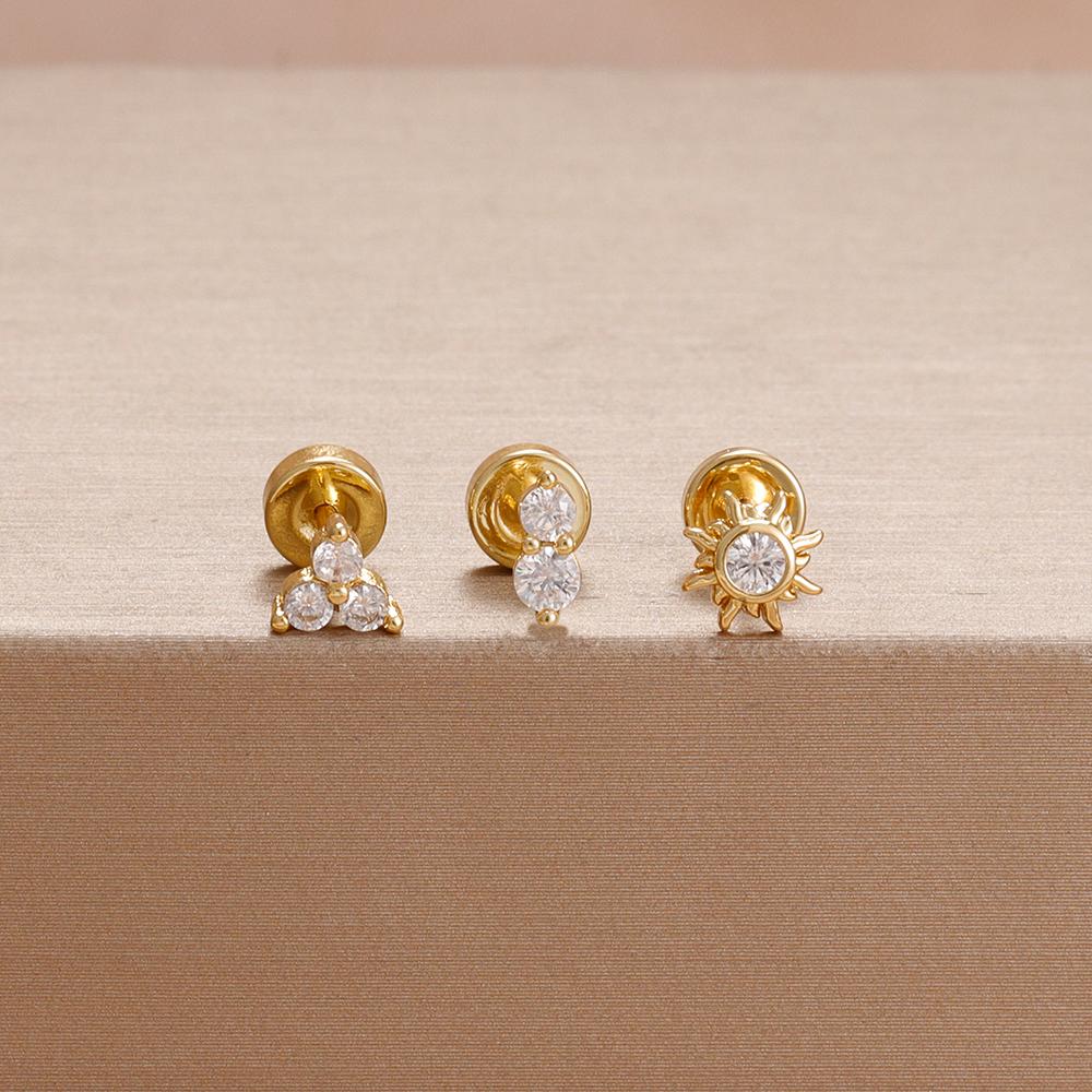 3PCS Simple Fashion Blue Flower Drop Earrings Set For Women Girl 18K Gold-Plated Zirconia Star Sun Stud Earring Piercing Jewelry