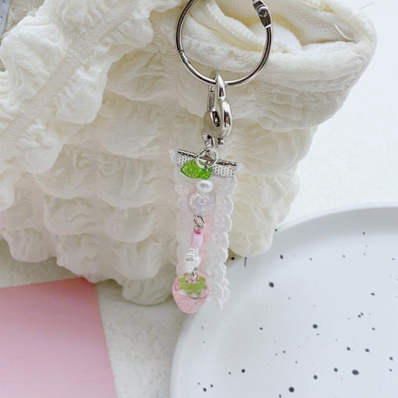 Strawberry Beaded Phone Accessory Unique Pink Lace Ribbon Beaded Phone Tassels with Strawberry and Pendant