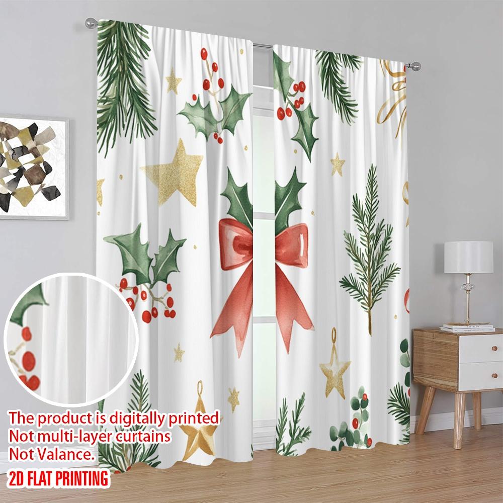 2 Stück, 2D-Flachdruck Vorhang Beliebte Weihnachtsschleife Stechpalmenbeere Baum (2) 100% Polyester (ohne Stange) Art Deco Festlich Perfekt