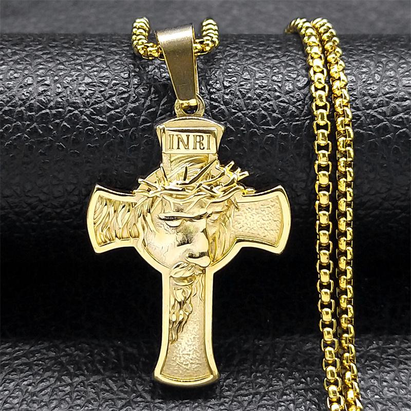 Vintage INRI Crucifix Jesus Cross Necklace for Men Women Stainless Steel Gold Color Christian Chain Gift Jewelry colar NZZ469S02