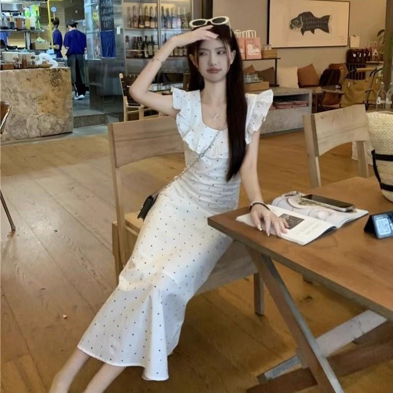 Xiaofei sleeve polka dot floral dress children's summer new French temperament seaside vacation suspender dress