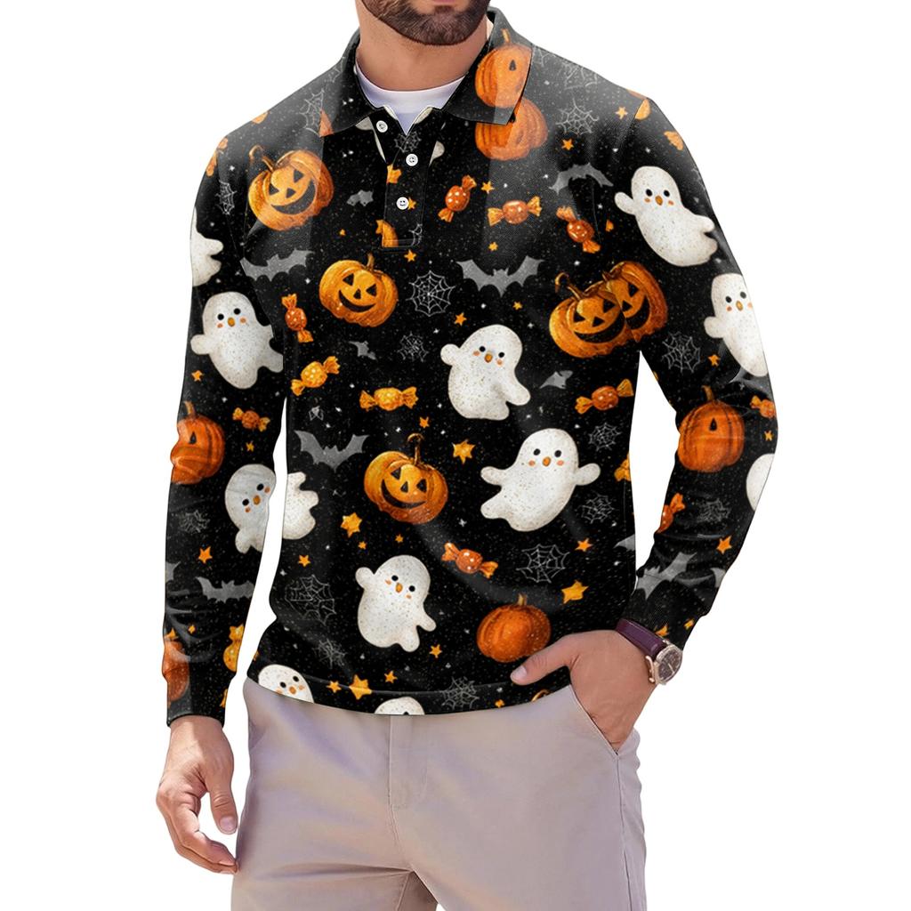 Herren Langarm Poloshirt Leichtes Atmungsaktives Netzgewebe Lässiges Hemd mit Knöpfen Halloween Geister-Aufdruck Design