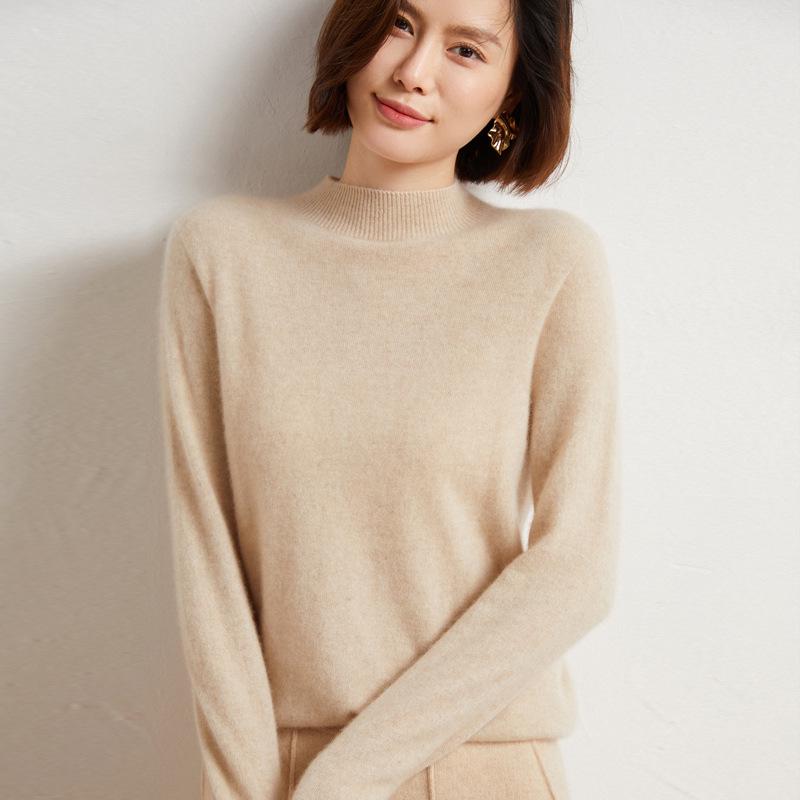 2024 Fall/Winter Women's 100% Wool Semi-High Neck Loose Knitted Sweater