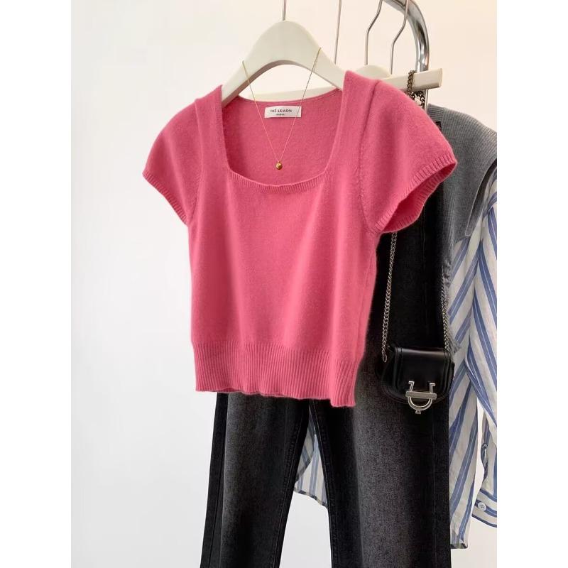 Spring and summer new square neck thin knitted sweater top women's fashion solid color gentle temperament simple bottom T-shirt