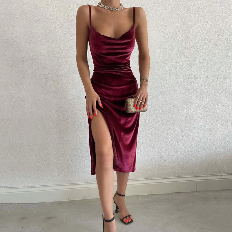 Women's Spring Summer Sexy Velvet Spaghetti Strap Maxi Dress, Slim Fit High Slit Cowl Neck Evening Party Formal Cocktail Gown