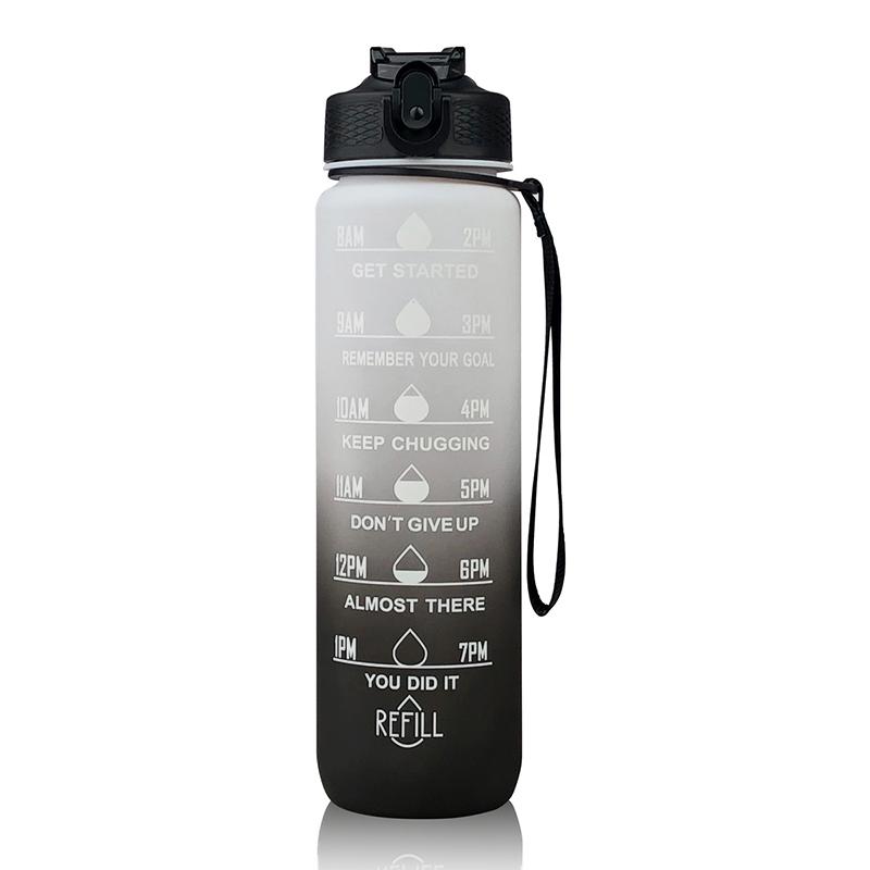 1 Liter Motivations-Wasserflasche mit Strohhalm-Mundstück Mit Zeitmarkierung Auslaufsichere Sport-Wasserflasche Für Fitnessstudio Camping Tour