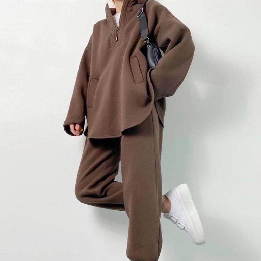 Women Solid Color Long Sleeve Hooded V Neck Hoodies Suit Autumn Winter Loose Top Wide Leg Pants