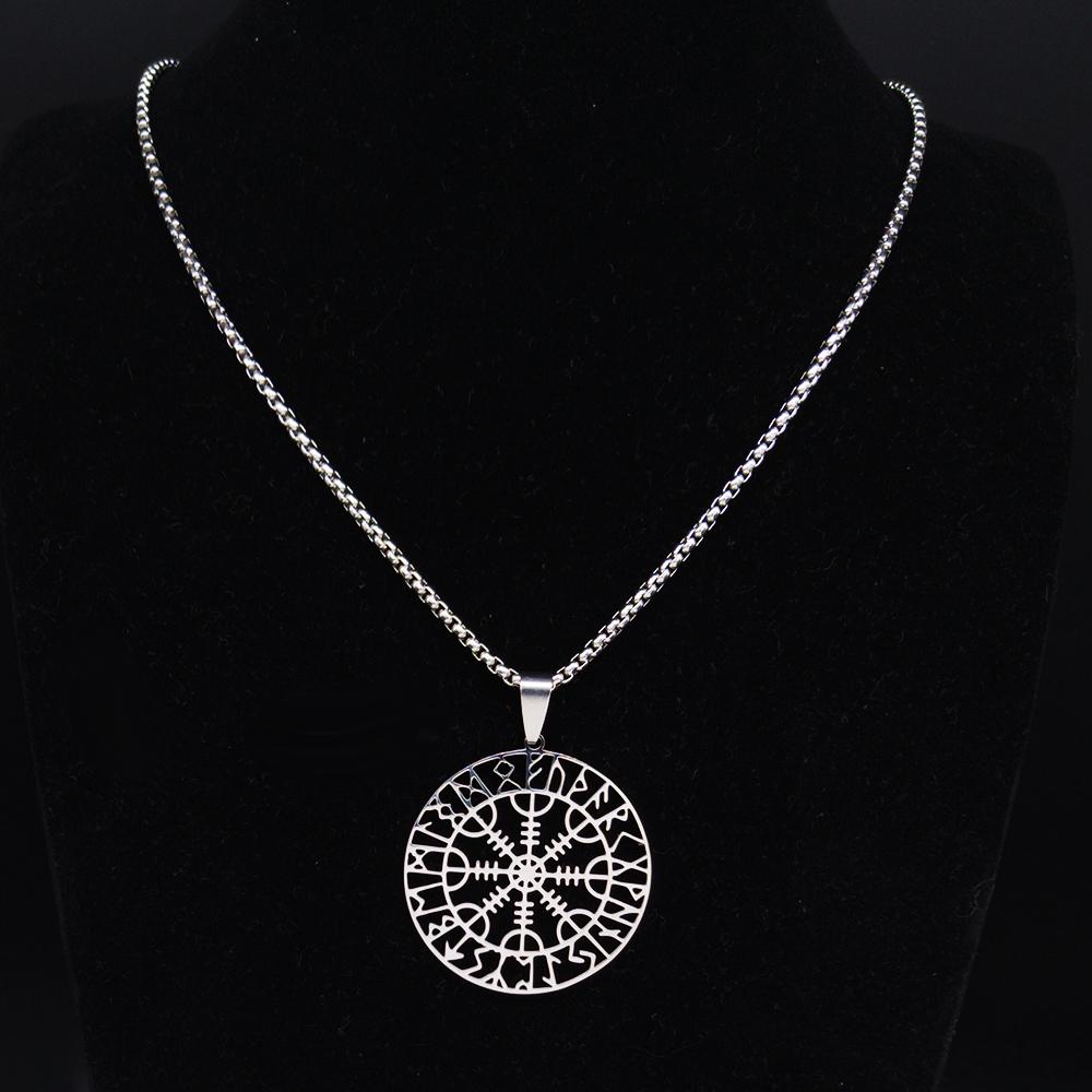 Viking Compass Helm Rune Amulet Necklace Silver Color Stainless Steel Symbol of Protection Necklace Pagan Jewelry N7024S01