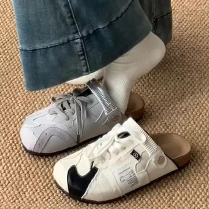 2025 New Lace-up Color-blocked Round-toe Wear-resistant Shoes for Women Summer New Ballet Style Versatile Slippers