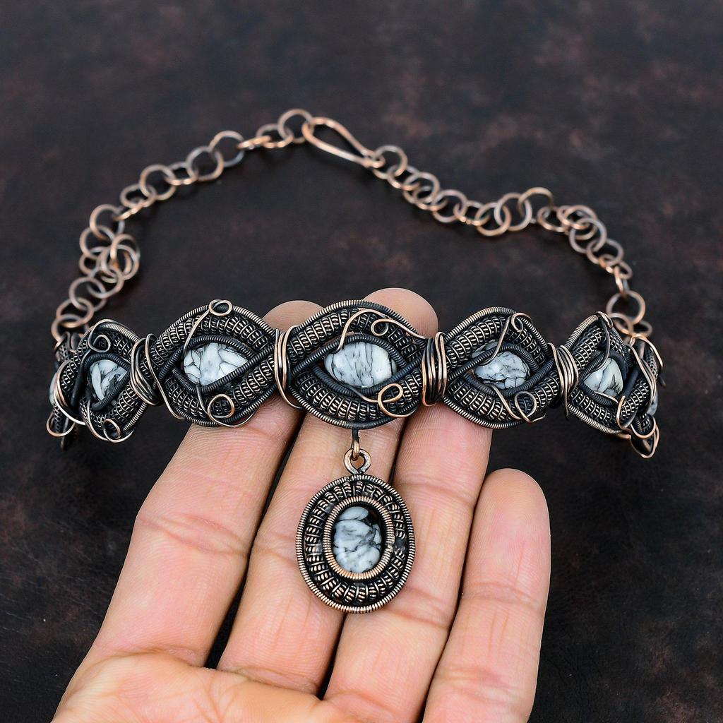 Pinolith Jasper Necklace Copper Wire Wrapped Necklace Handmade Jewelry Adjustable Chain Necklace Gemstone Necklace Copper Jewelry For Gift