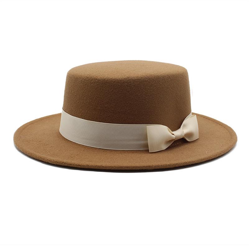 New style autumn and winter men's and women's flat-brimmed hats, fashion bows, flat-topped top hats, men's and women's woolen jazz hats
