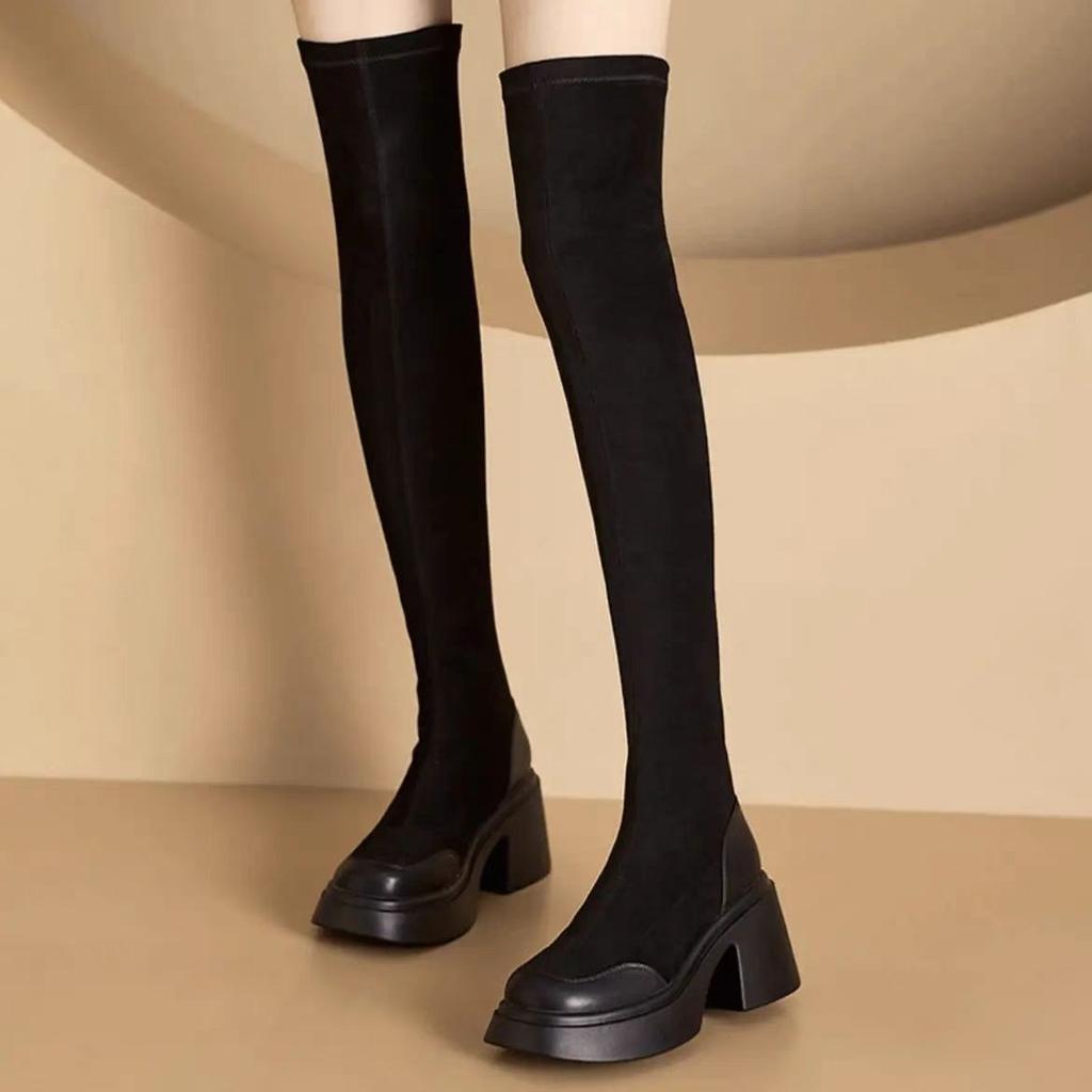 Boots Women's Over-the-Knee 2025 Autumn and Winter New Thick-soled Small Skinny Elastic Suede High Heel Maillard Boots