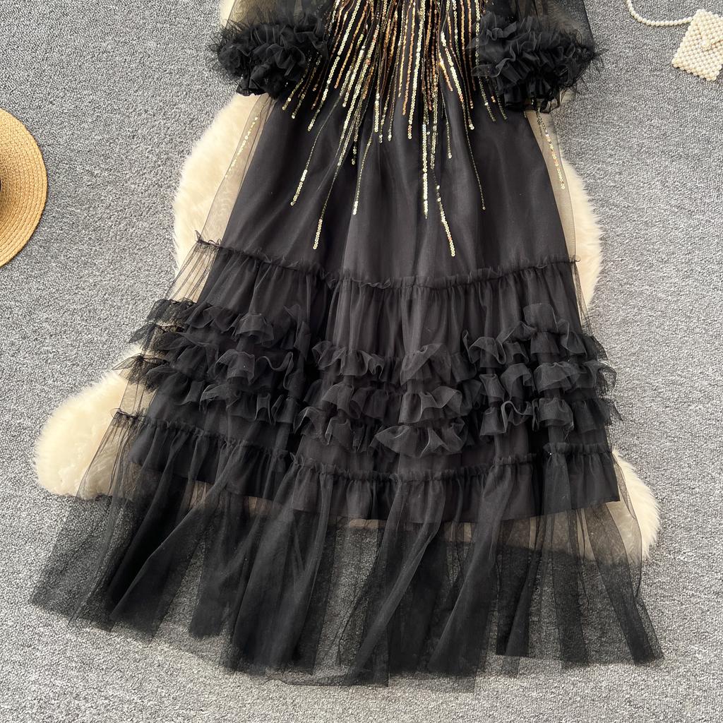 High-end Women's Dress 2025 Sequined Embroidered Three-dimensional Lace Mesh Long-sleeved Waist Dress Skirt