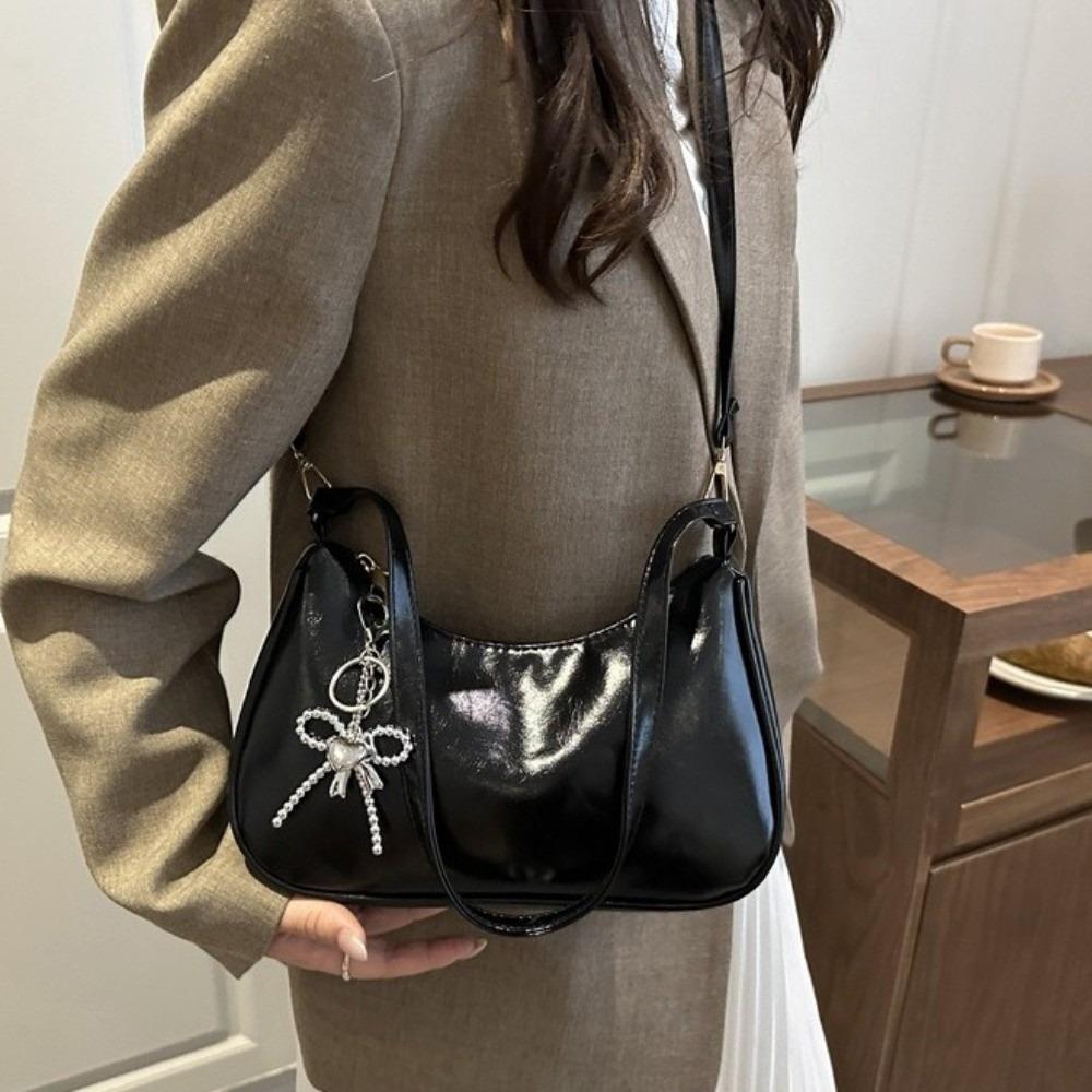 Solid Color Oil Wax Leather Crossbody Bag Elegant Underarm Bag Trendy Crescent Bag  Casual Wear