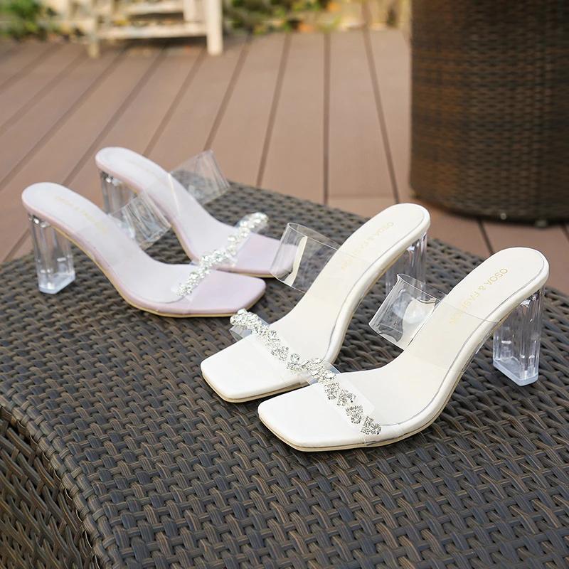 2025 New Open Toe Women's Square Toe Rhinestone Sandals Summer Crystal Best Seller Outdoor Slide Slippers Heels Women