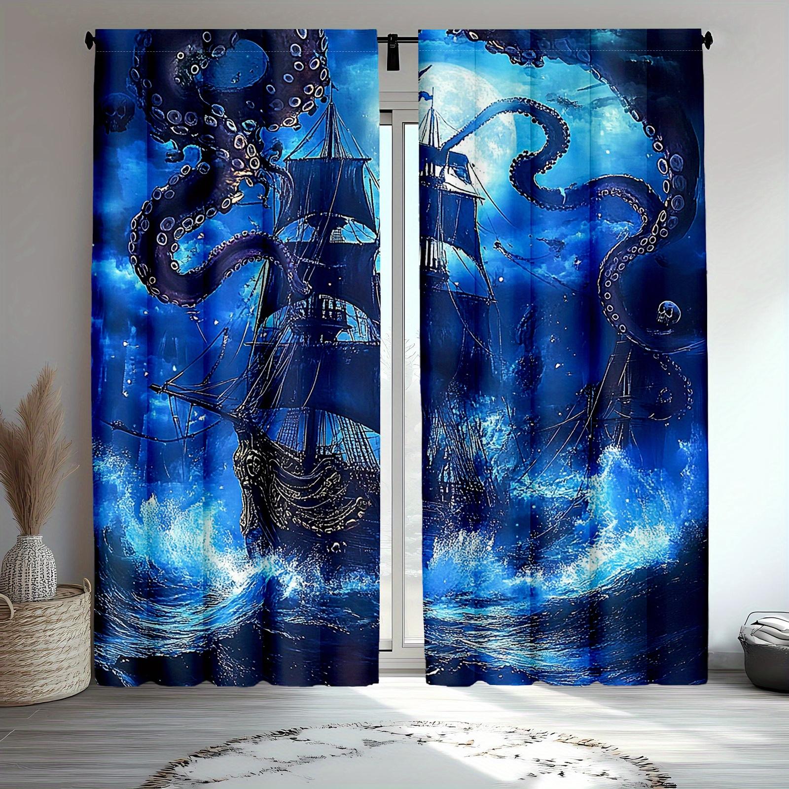 

2pcs Pirate Ship Window Curtains Fantasy Sea Monster & Skeleton Ship Decor & Room 100*130 HOOK 1pcs