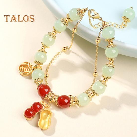 Women Bracelet Faux Jade Smooth Bead Leaf Peatnut Pendant Good Luck Adjustable Length Rhinestone Lady Bangle Prom Daily Wrist Jewelry