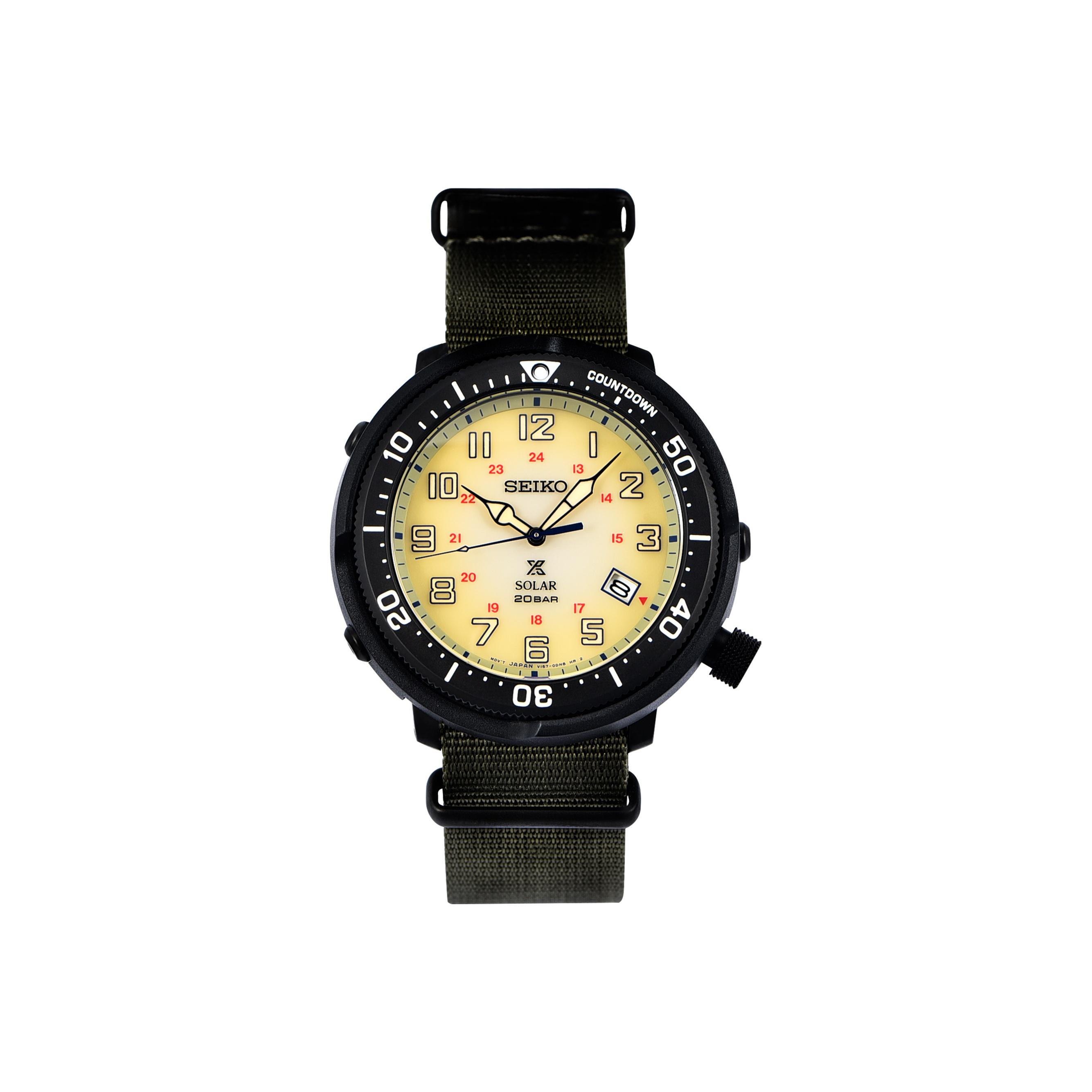 

Seiko Спортивний дайверський годинник у корпусі-консерві Кварцовий механізм Нейлоновий ремінець Жовтий циферблат Чоловічі годинники SBDJ029J Beige Yellow Watch Dial