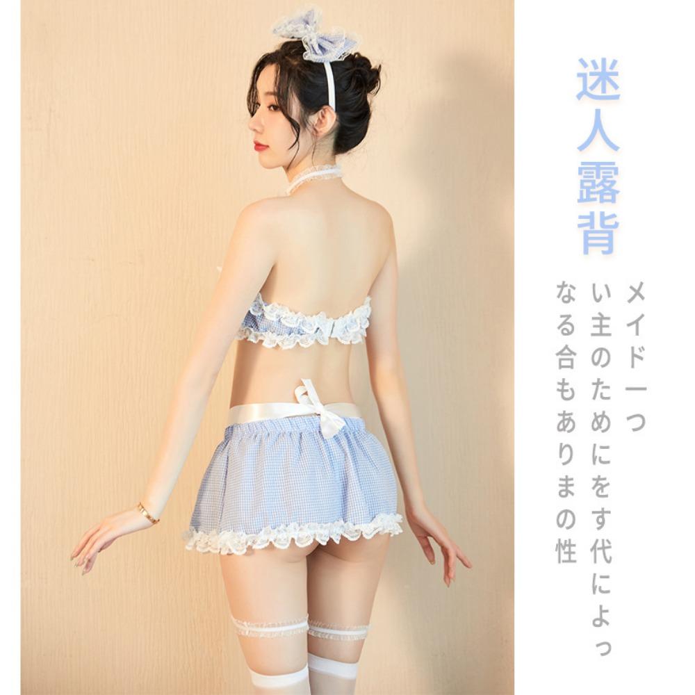 New Sexy Underwear Female Sexy Blue Grid Maid Maid Dress Slave Uniform Temptation Passion Clothes Set Hair