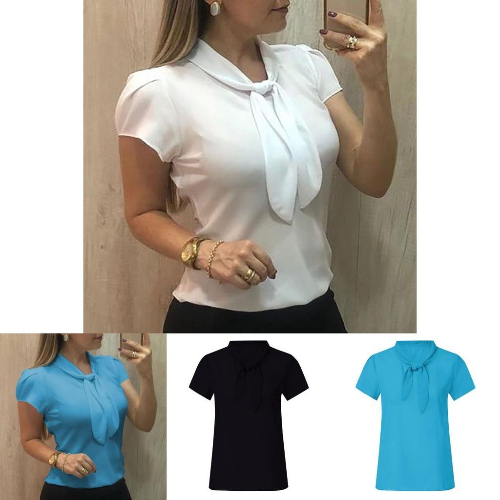 Elegant Women Short Sleeve Bow Chiffon T Shirt Blouse With Breathable Comfort For Ladies