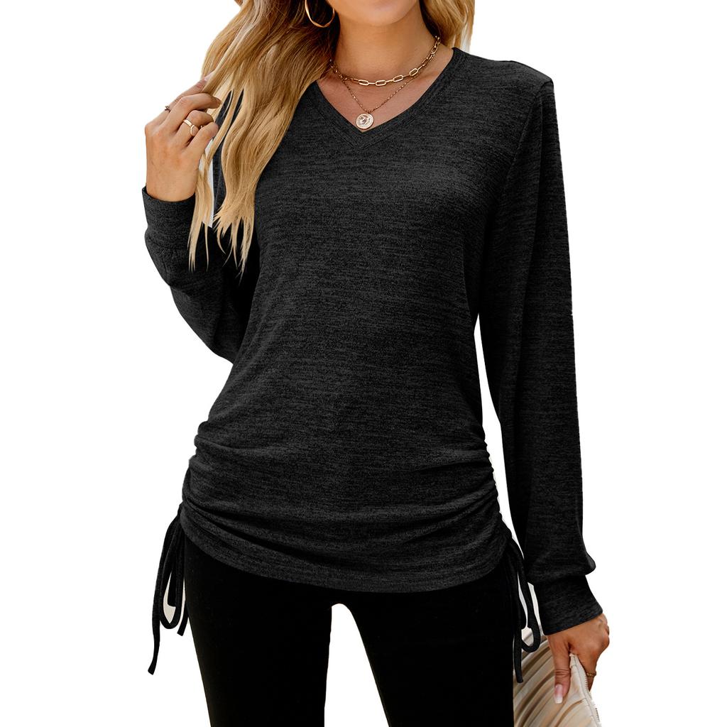 2024 European And American Autumn And Winter New Solid Color Long Sleeved V-Neck Pleated Loose T-Shirt Top For Women