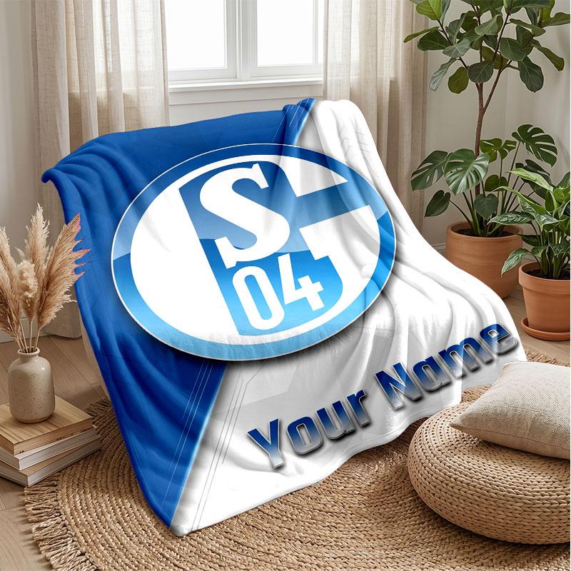 Schalke 04 FC Custom Name Text Flannel Blanket Soccer Logo Personalized Fleece Throw Blanket Special Gift For Sofa Bedroom Home