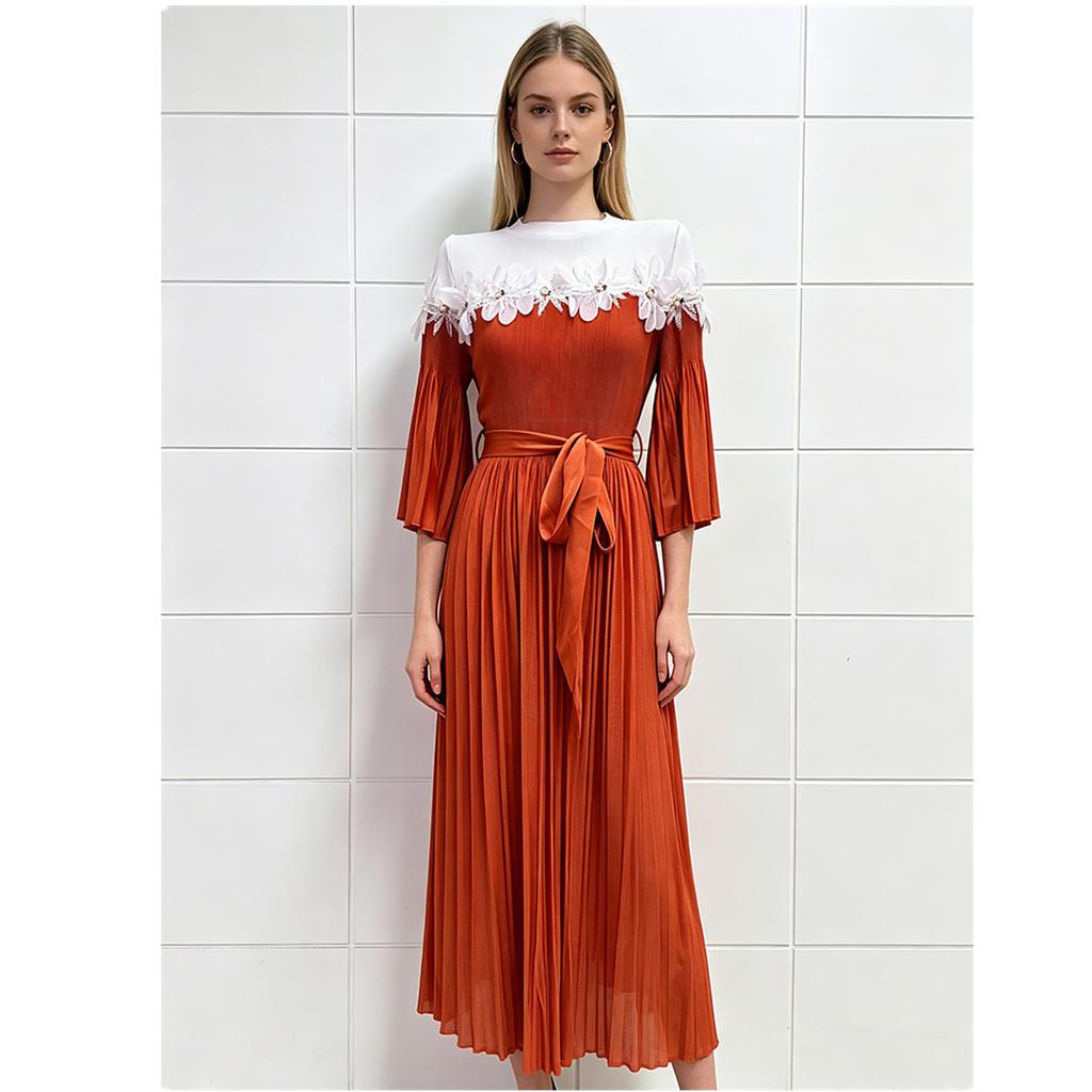 Miyake Pleated Lace-Panel Midi Dress Summer for Women 3/4 Sleeve Casual 3D Flower Appliques Print Vacation Midi Sundresss