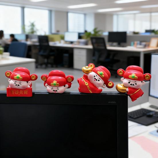 1/4Pcs God of Wealth Figurine Computer Monitor Decoration Cartoon Chinese Immortals Statue Resin Sculpture Car Dashboard Ornament