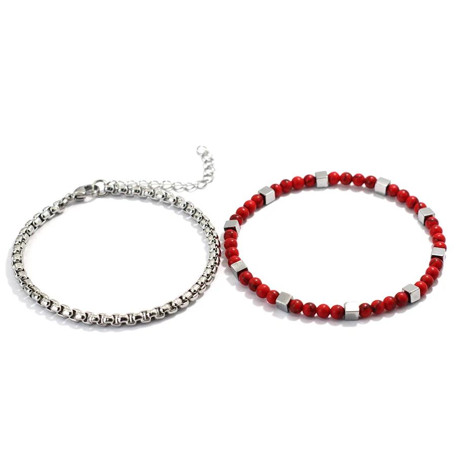 Fashion 2Pcs/Set Cuban Chain Bracelet With Stainless Steel 4mm Tiger Eyes Malachite Stone Strand Braslet Hiphop Rock Accessories