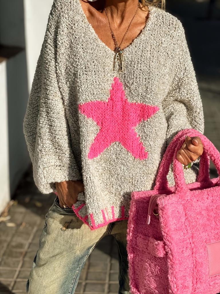 2025 Autumn New Foreign Trade Star Pattern Women's Sweater Casual Loose Circle Yarn V-neck Knitted Sweater