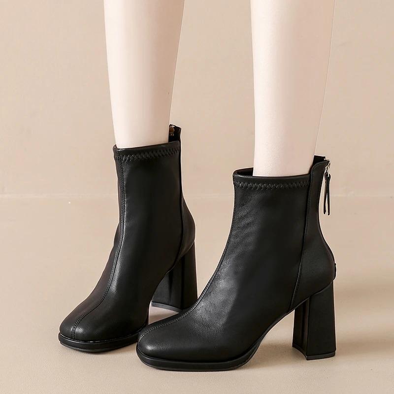 Bazk Zipper Dec Women Ankle Boots 8cm High Heels Sexy Stretch Boots Elegant Sewing Short Plush Warm Winter Woman Shoes