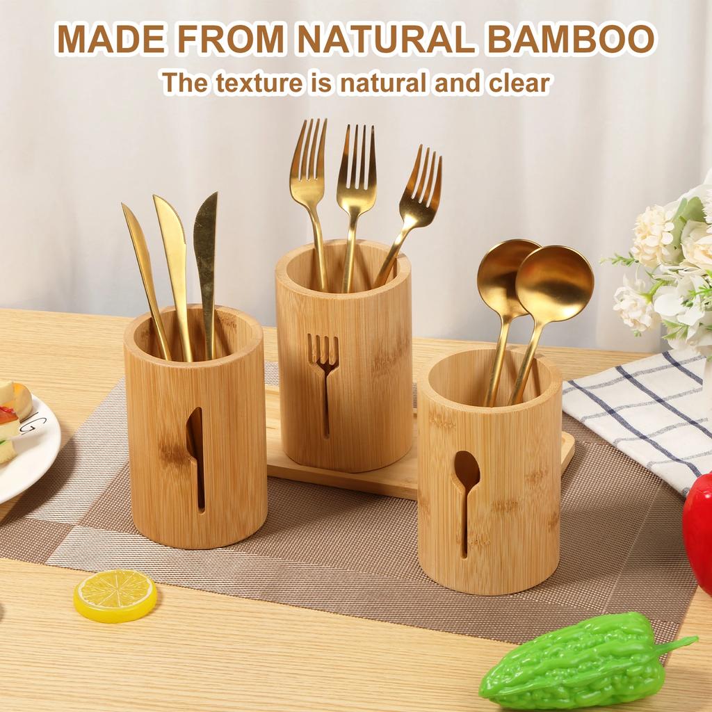 3 Pcs Bamboo Utensil Holder with Tray Cutlery Containers Drying Rack Kitchen Knife Spoon Fork Storage Tableware Organizer