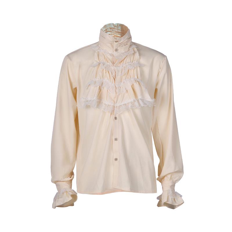 Gothic Ruffled Stand Collar Men's Long Sleeve Tie Shirt with Pleated Cuffs