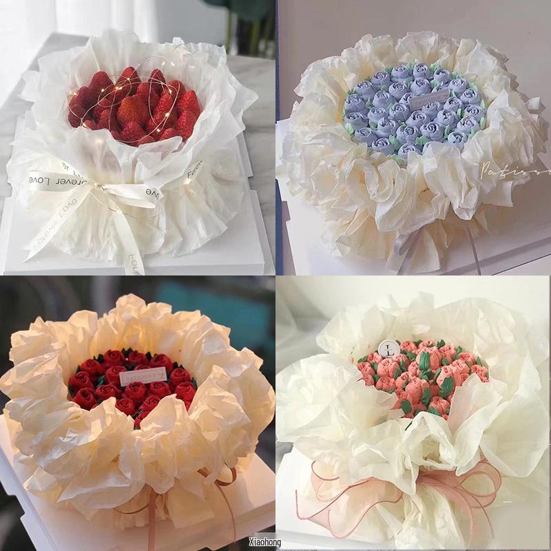Valentine's Day Celebrity Bouquet: Fresh Flowers, Cake Decoration, Tissue & Transparent Wrapping Paper.