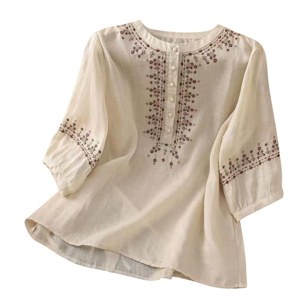 Fashion Women's Shirt Five-quarter Sleeve Spring And Summer Loose Top Embroidered Shirt