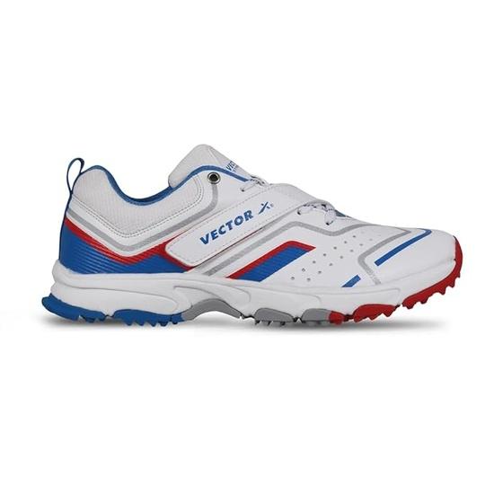 Vector X Striker Pro Cricket Shoe for Men with PU Upper/Sports Shoes/EVA Sockliner Sports Midfoot Support Strap Color: White-Blue-Red Size 8