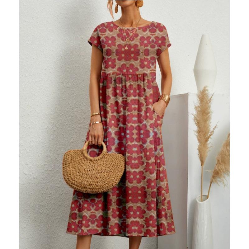 Women's Loose Cotton Linen Summer Dress with Round Neck and Pocket