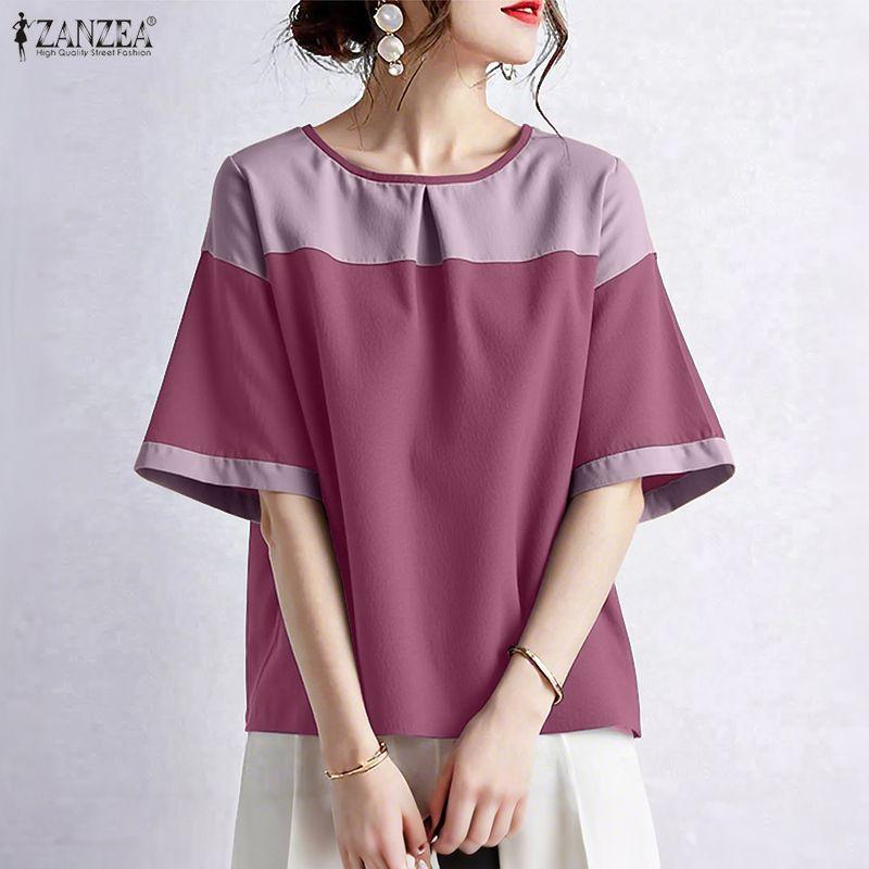 ZANZEA Women Casual Round Neck Loose Patchwork Half Sleeve Blouse