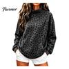 Warm Fall Clothing Women Leopard Print Sweatshirt, Mock Neck Long Sleeve Pullover with Sweatshirt Kangaroo Pocket, Drop Shoulder Casual Top for Winter