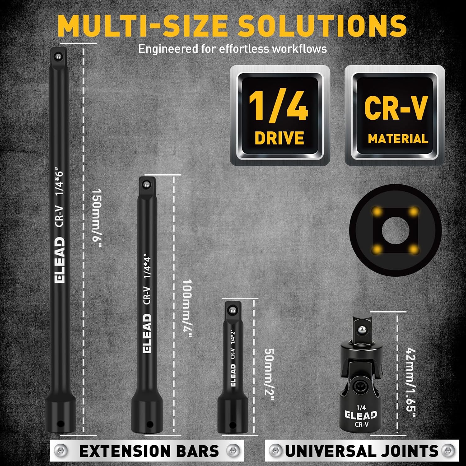4-Piece 1/4  Drive Socket Extension Set, 2-6  Professional Wrench Extender with Universal Joint, Cr-V Steel United States