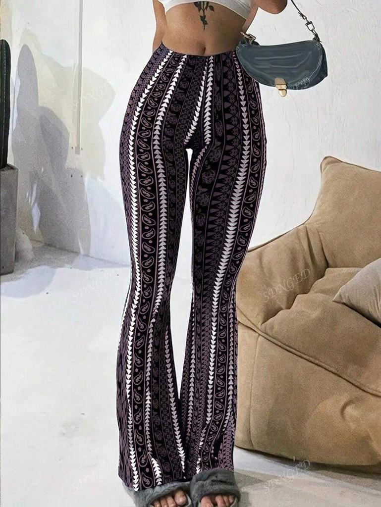 Women's Flared Pants with Paisley and Stripe Pattern, High Waist Bell Bottom Trousers