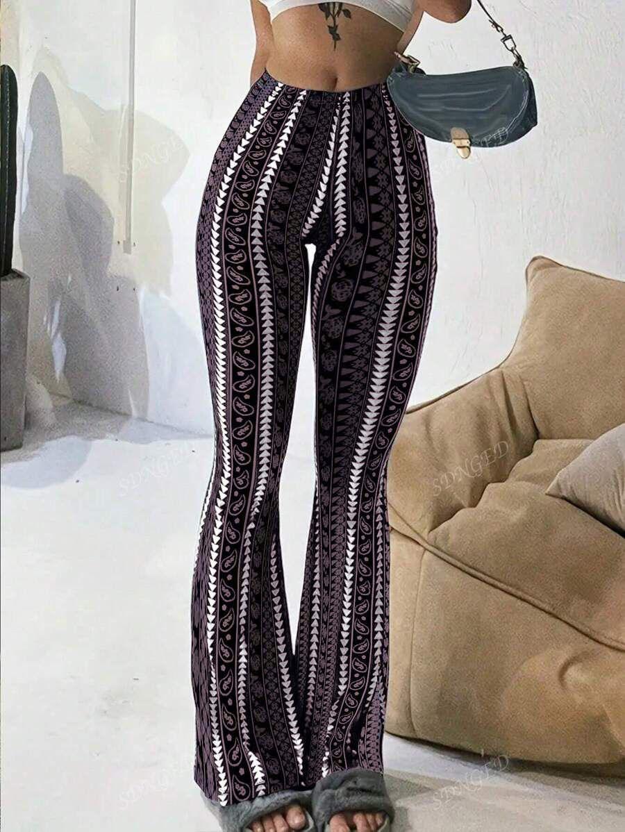 

Women s Flared Pants with Paisley and Stripe Pattern, High Waist Bell Bottom Trousers S