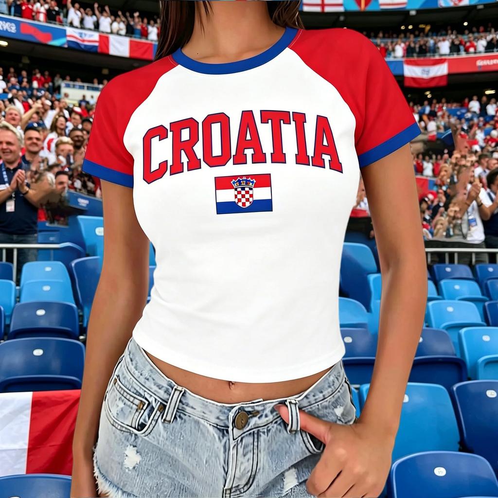Women’s Casual V Neck Short Sleeve Pullover T Shirt with Canada Letter Print for Football Supporter Outfits