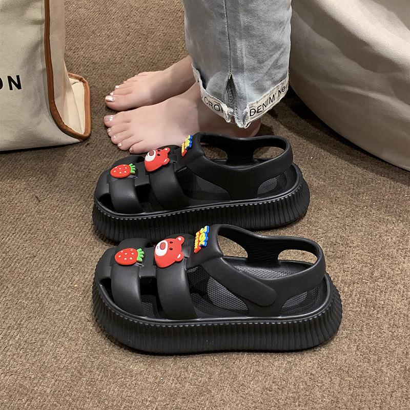 

2024 Сандалии для женщин EVA Толстая мягкая подошва Домашняя обувь Нескользящая для улицы Ретро DIY аксессуары Модные шлепанцы с обернутым носком 35-36 чёрный