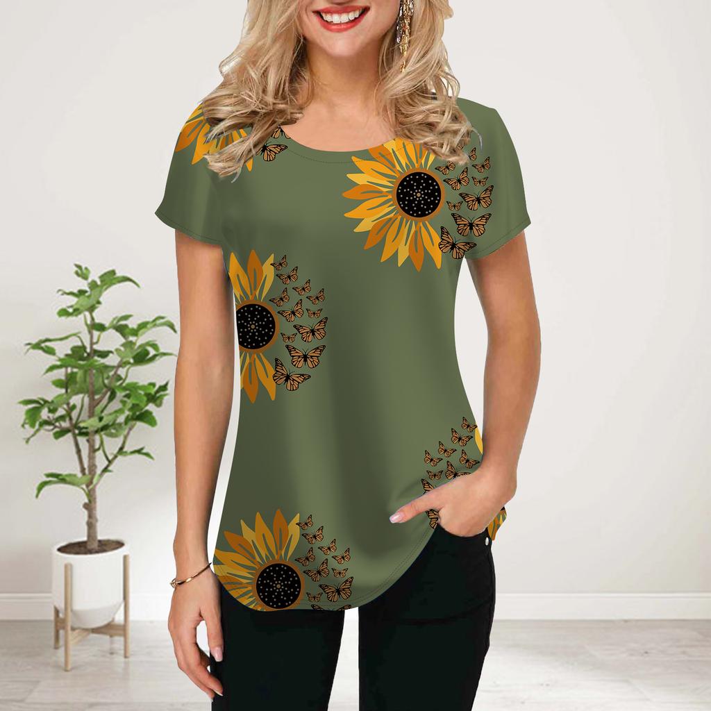 Women Summer T Shirt Butterfly Sunflower Print Short Sleeve Tees Casual Printed Tops