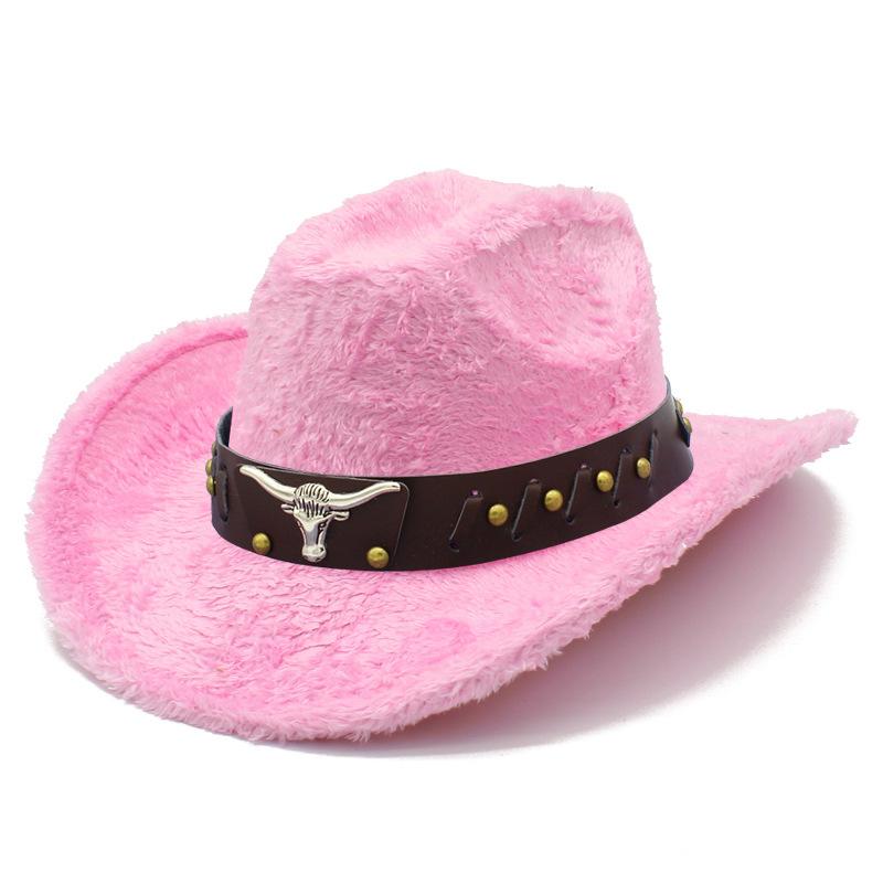 Autumn and Winter Fashion Furry Cow Head Accessories Top Hat Versatile Soft Feel Western Cowboy Hat Personalized Grassland Knight Hat