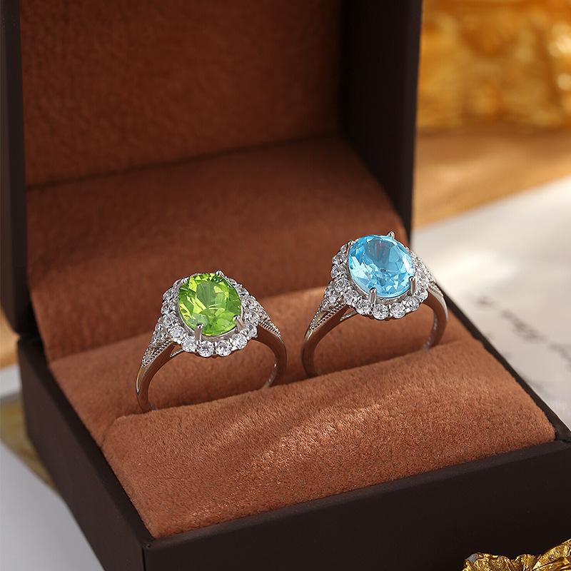S925 sterling silver Princess Diana colored treasure ring women's natural peridot topaz inlaid with light luxury retro jewelry