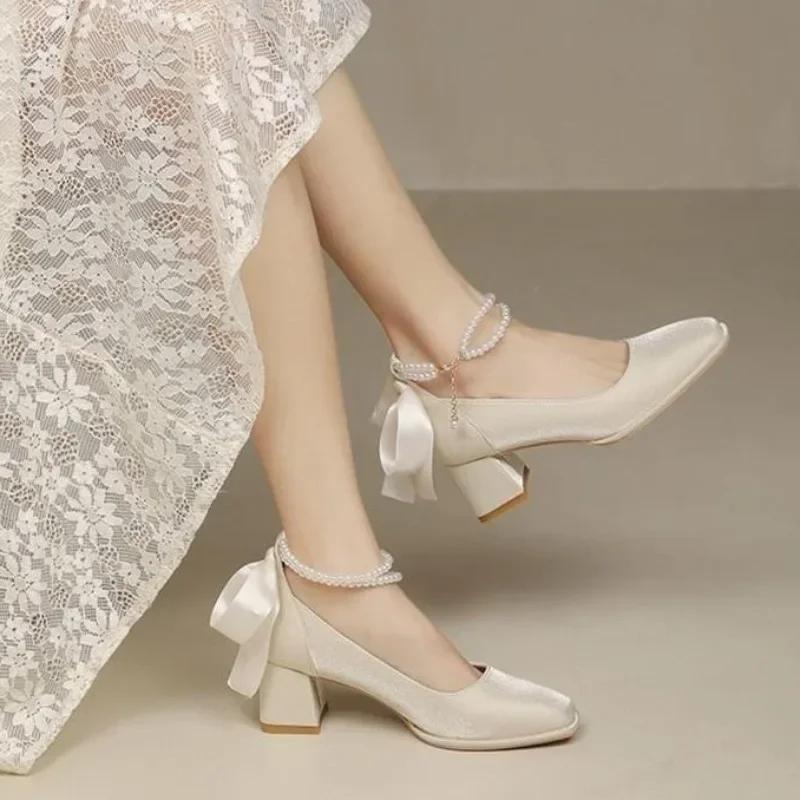2025 New Red Bow Pearl Mary Jane Platform Lolita Heels for Women Chunky Wedding Shoes Waterproof Mid Heel Single Shoes