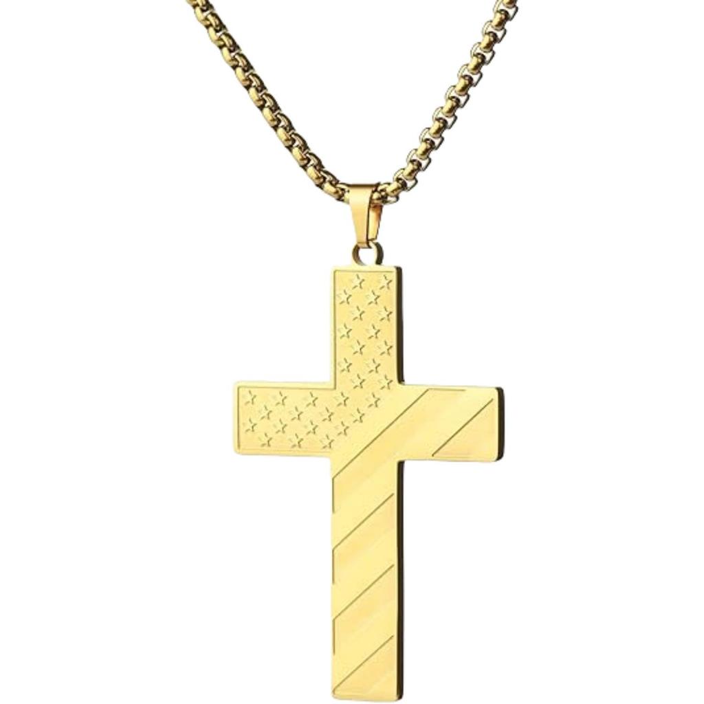 American Flag Stars & Stripes Men's Stainless Steel Cross Necklace Pendant